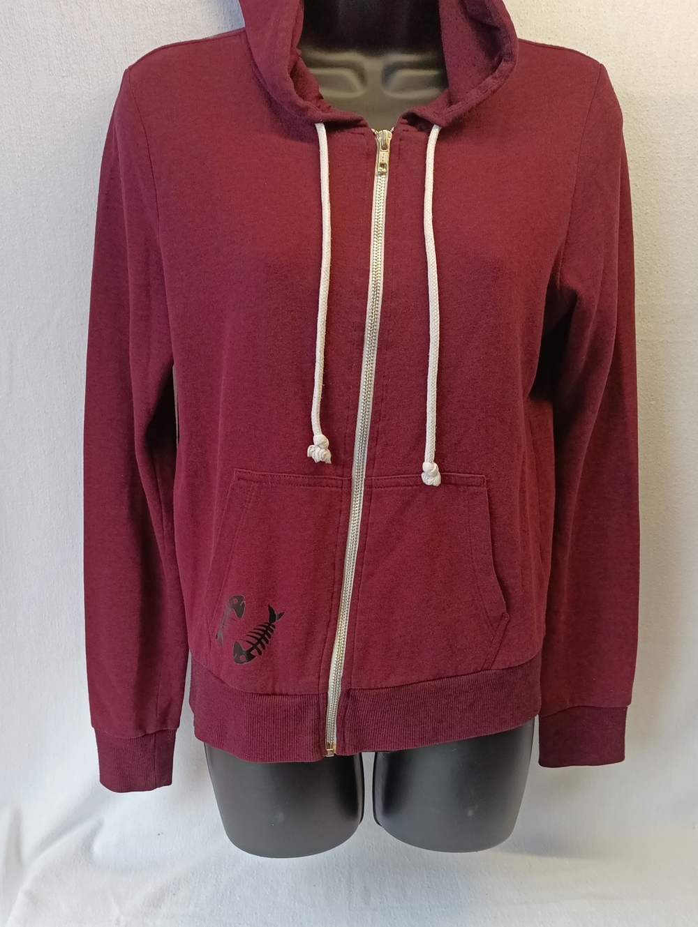 Divided Burgundy Zip-Up Hoodie with Black Fish Graphics Size Small